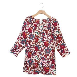 Liz Claiborne Blouse Womens Small White Burgundy 3/4 Sleeve V-Neck Floral Boho